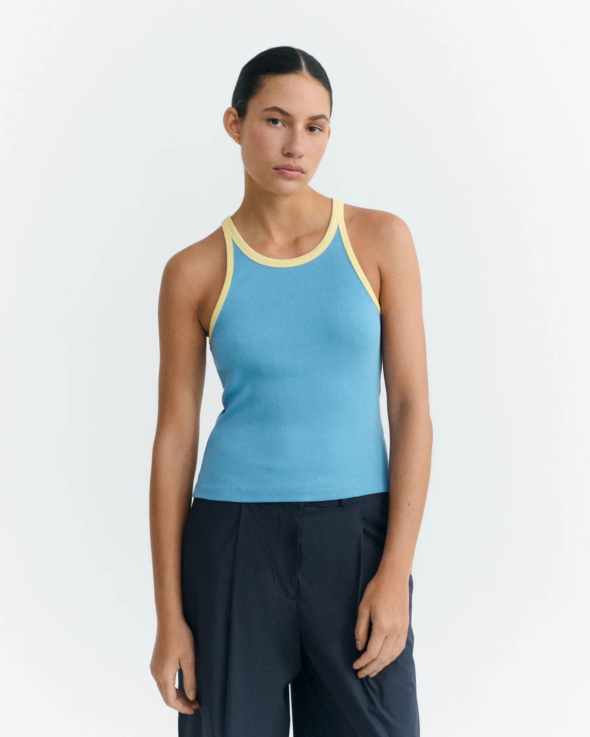 Harriet halter top in blue with yellow contrast