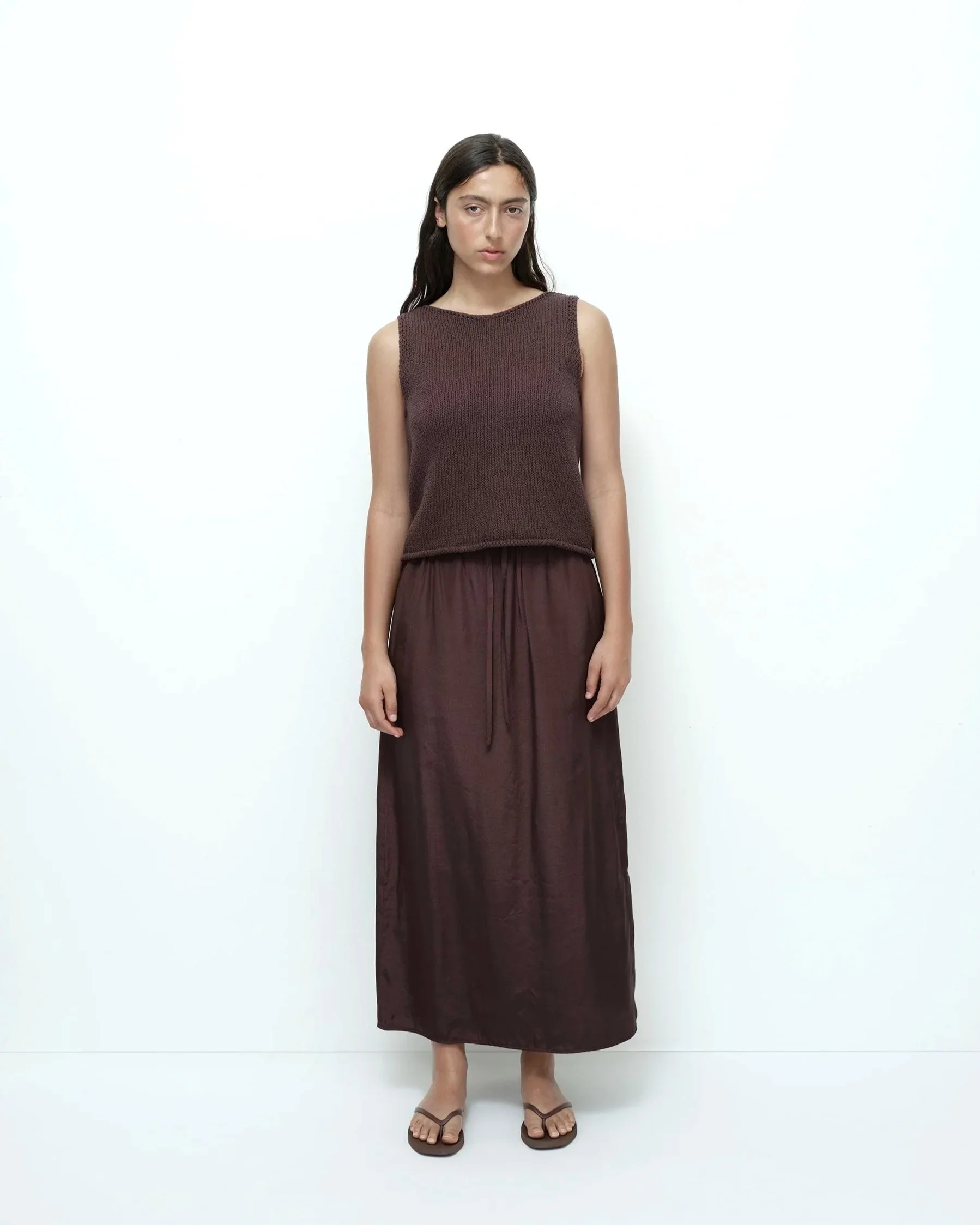 DRAWSTRING MIDI SKIRT - DARK BROWN - Image 3
