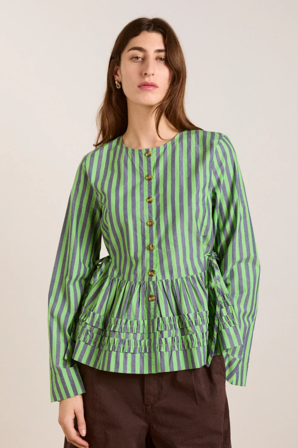 Madison Blouse in Navy Pop Green Stripe