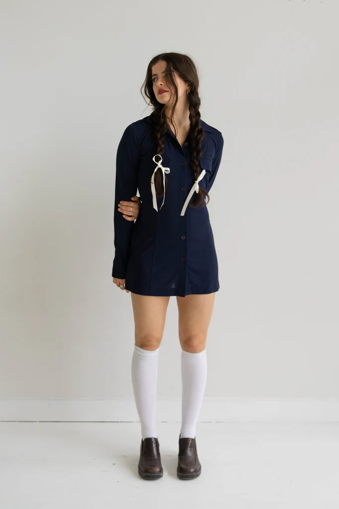 Navy Long Blouse with self Tie - Image 3