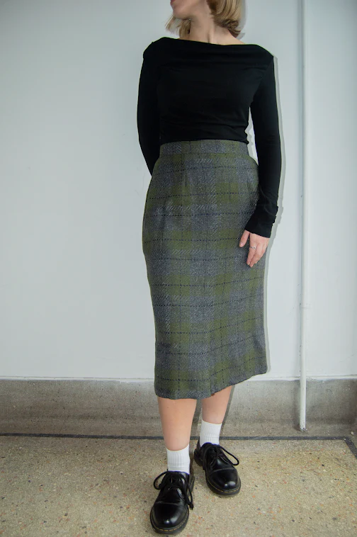 Olive Plaid Tartan Midi Skirt