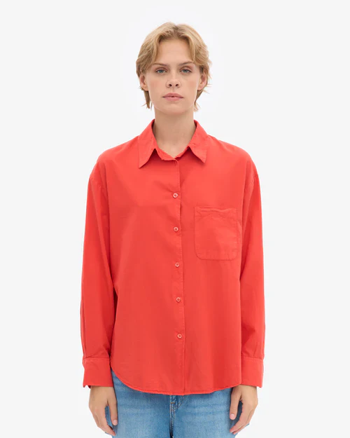 Oversized Organic Button Down Shirt in Red Tangerine - Image 2