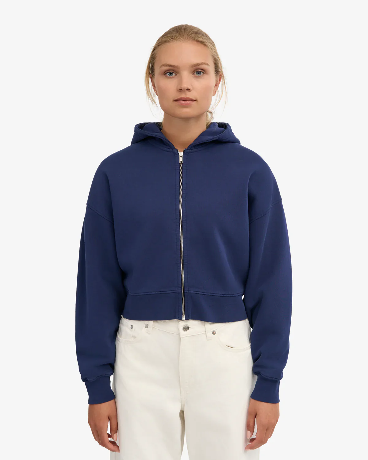 Oversized Organic Crop Zip Hoodie in Marine Blue - Image 2