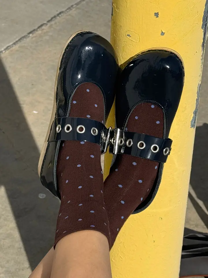 Polka Dot Sneaker Socks in Cacao and Blue - Image 3