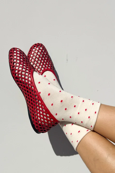 Polka Dot Sneaker Socks in Cream and Red - Image 2