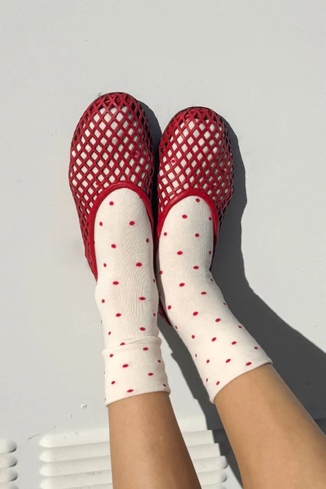 Polka Dot Sneaker Socks in Cream and Red - Image 3