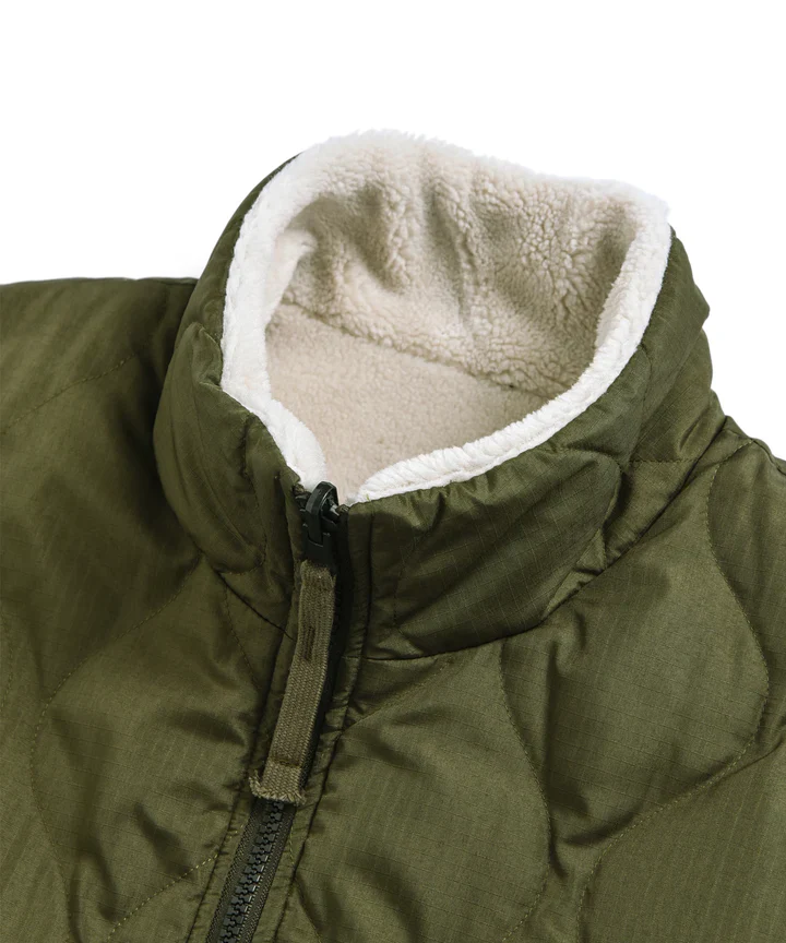 Reversible High Neck Down Vest in Olive and Cream - Image 4
