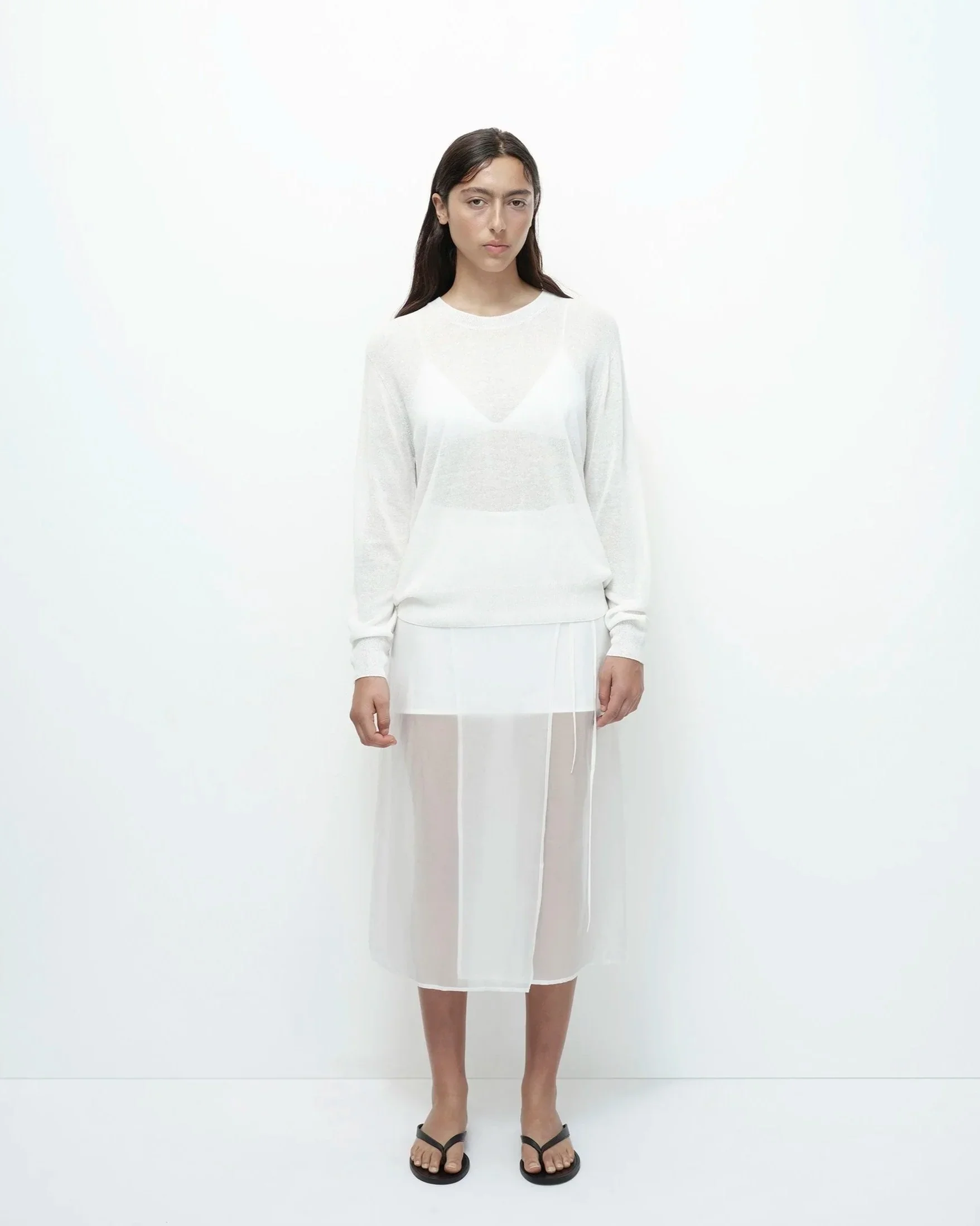 SEMI SHEER LINEN BLEND KNIT TOP - WHITE - Image 3
